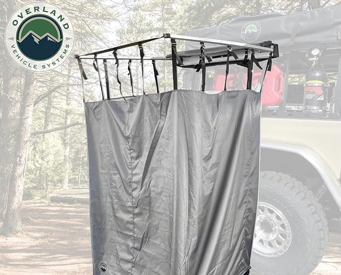 Overland Vehicle Systems HD Nomadic Car Side Shower Room with Black 1000G PVC Travel Cover Universal L - Brackets Dark Grey Body with Silver Inner Lining