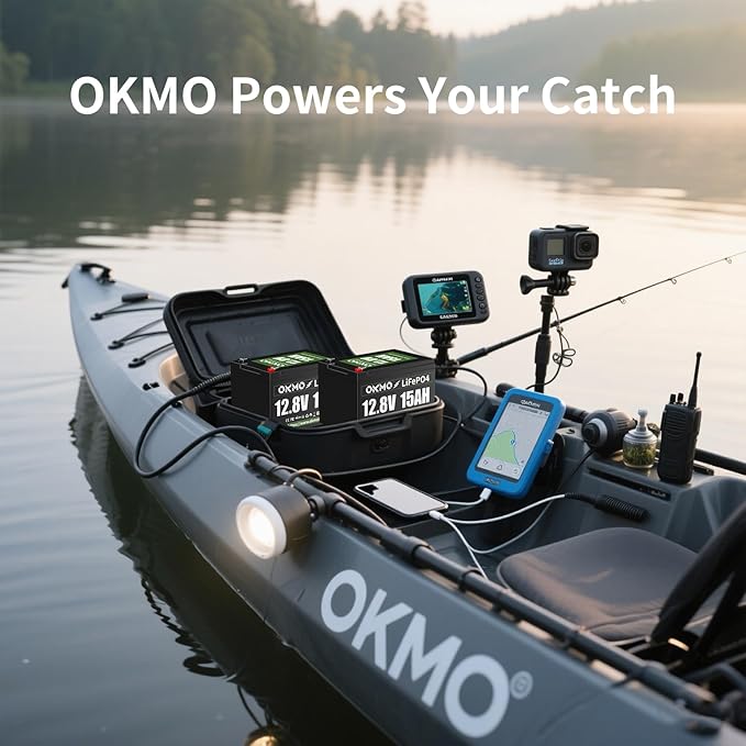 OKMO 12V 15Ah LiFePO4 Lithium Battery 12.8V 15000+ Deep Cycles rechargeable for Lighting Kayak Fish Finder Radio Backup Power and More
