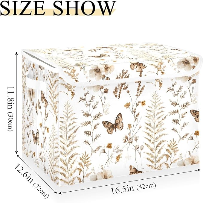 AIXIWAWA Lidded Storage Cube (Boho Butterfly Floral) Fabric Foldable Closet Bins with Flip Lid and Handles Organizer Basket Container 16.5 x 12.6 x 11.8 IN