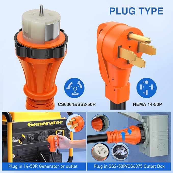 Nilight 50 Amp 15FT Generator Extension Cord 250V 12500Watt Heavy Duty 6/3+8/1 Gauge Pure Copper STW Wire UL Listed 4 Prong 14-50P SS2-50R&ampCS6364 Twist Lock for RV Camper Outdoor Use