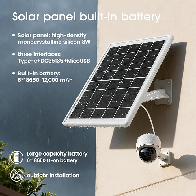 Solar Panel Built-in Battery 12000mAh with Micro USB &amp Type-C &amp Port and DC35135 Port for Camera or DC 5V Device with 10ft Charging Cable IP66 Waterproof Rechargeable