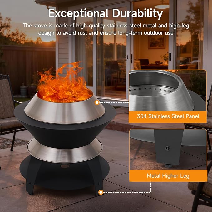 ONBRILL 26 Inch Smokeless Firepit Outdoor Fire Pit with Waterproof Lid Removable Ash Pan Handbag 2 in 1 Stainless Steel Potable Fire Pits for Outside Wood Burning Bonfire Camping Picnic Black