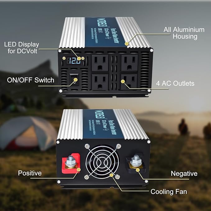 WZRELB 2000W Pure Sine Wave Inverter 48V DC to 110V 120V AC Car Power Inverter with 4 AC Outlets LED DisplayOff-Grid Portable Power Converter for Home RV Truck Camping