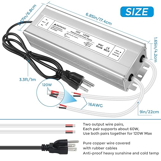 24V 120W LED Power Supply IP67 Waterproof LED Driver AC 110V to DC 24 Volt 5A Low Voltage Transformer Converter for Outdoor LED Strip &amp Landscape Lighting 3-Prong Plug with 3.3FT Cable