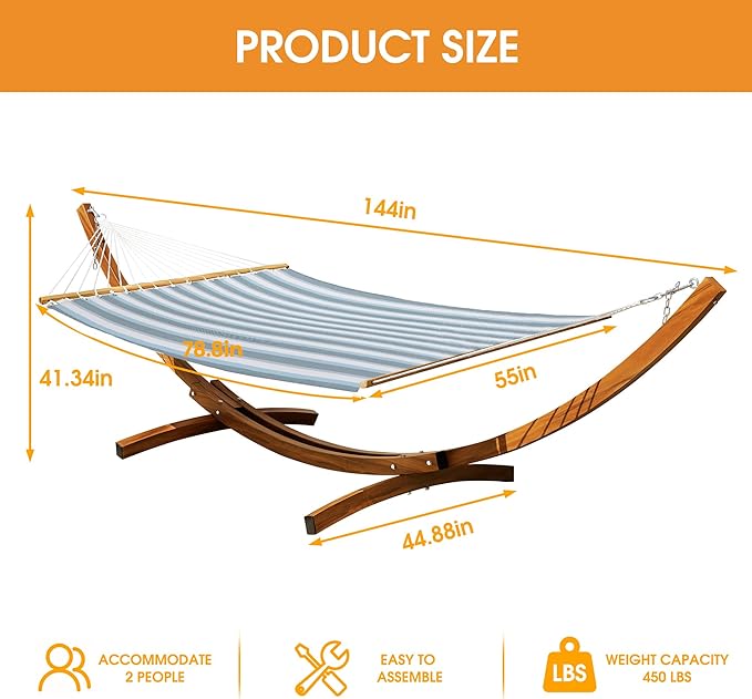 Lazy Daze Hammocks 12 FT 2 Person Double Quick Dry Textilene Hammock with Curved Steel Heavy Duty Stand for Outside Backyard Patio 450 Lbs Capacity Blue White Stripes
