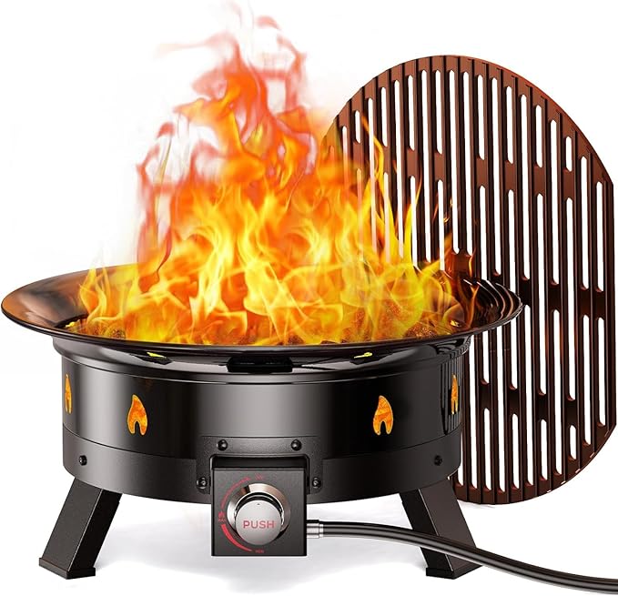 Ciays Large Propane Fire Pit 24 Inch Gas Fire Pit with Grill Grate Folding Legs Hose Hooks Propane Tank Holder Cover &amp Carry Strap Portable Outdoor Fire Pit for Camping 58000 BTU