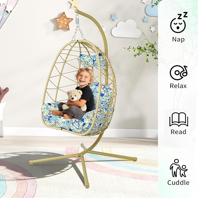 Hanging Egg Chair with Stand Outdoor Indoor Patio Rattan Swing Hammock Chairs with Washable Cushion PE Wicker Swing Chair for Backyard Bedroom Garden (Cyan + Floral Cushion No Footrest)