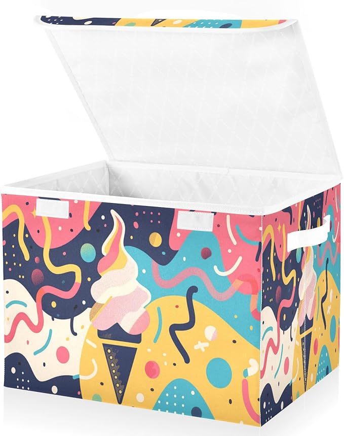 Storage Bins With Lid Stackable Fabric Closet Organizer Clothing Storage Large Boxes For Closet Shelves Bedroom Creative Ice Cream Art