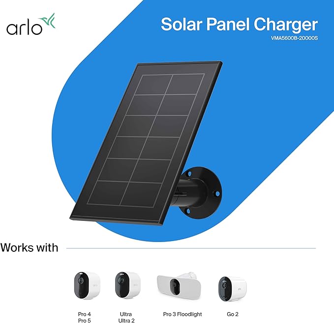 Arlo Solar Panel Charger (2021 Released) - Certified Accessory - Works with Arlo Pro 5S 2K Pro 4 Pro 3 Floodlight Ultra 2 and Ultra Cameras Weather Resistant Easy Install Black - VMA5600B