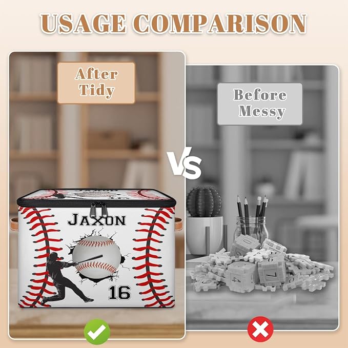 Custom Baseball Ball Storage Bins with Lid Foldable Personalized Storage Basket Boxes with Handle Baseball Shelf Basket Closet Organizer Cube
