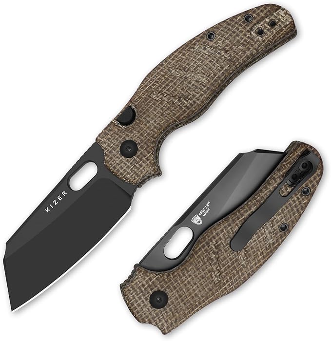Kizer C01C 2.9 BS Sheepdog Pocket Knife 2.95 Elmax Sheepsfoot Blade Folding Knife with Brown Norplex UltreX™ Micarta Handle Small EDC Camping Survival Knives with Thumb Hole Ki3488.29BSA2
