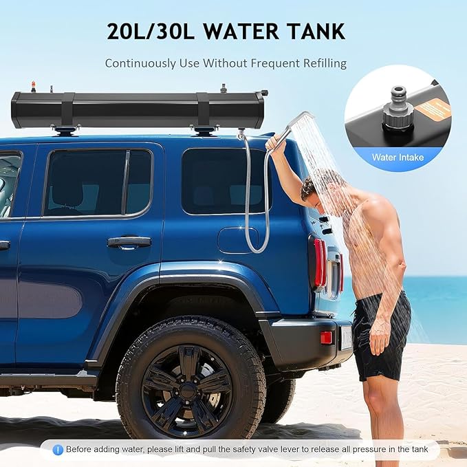 Pressurized Water Tank for Camping Shower 20L/30L Solar Roof Rack Shower Outdoor Roof Rack Water Tank with Water Hose &amp Shower Head for Trucks Off Road Vehicles RV SUV 30L