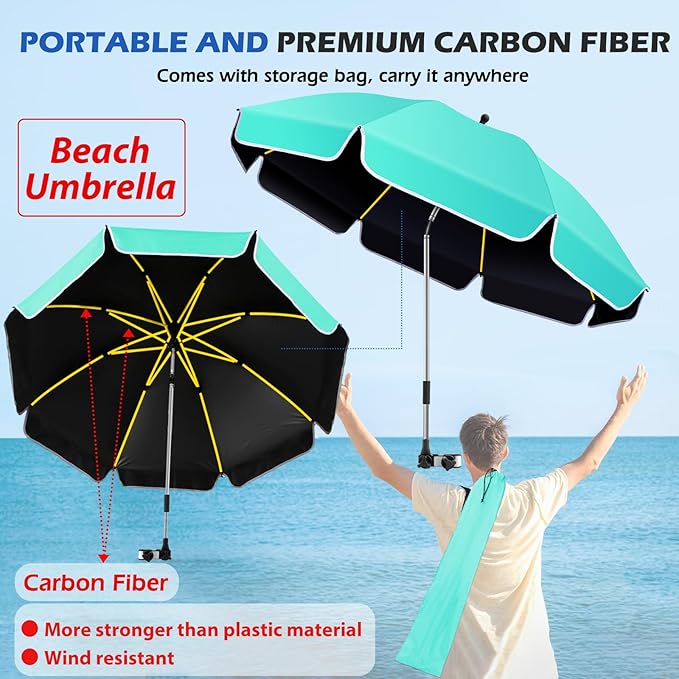 48.8 inch Large Beach Umbrella with Clamp Sun Shade for Beach Chair 360°Adjustable UV Protection Golf Umbrella with Clip for Outdoor Patio Stroller Wheelchair