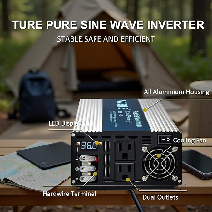 WZRELB 3500W Pure Sine Wave Inverter Car Power Inverter 36V DC to 110V 120V AC Converter for RV Truck Solar Outdoor with Dual AC Outlets Hardwire Port Surge 7000W LED DisplayOff-Grid