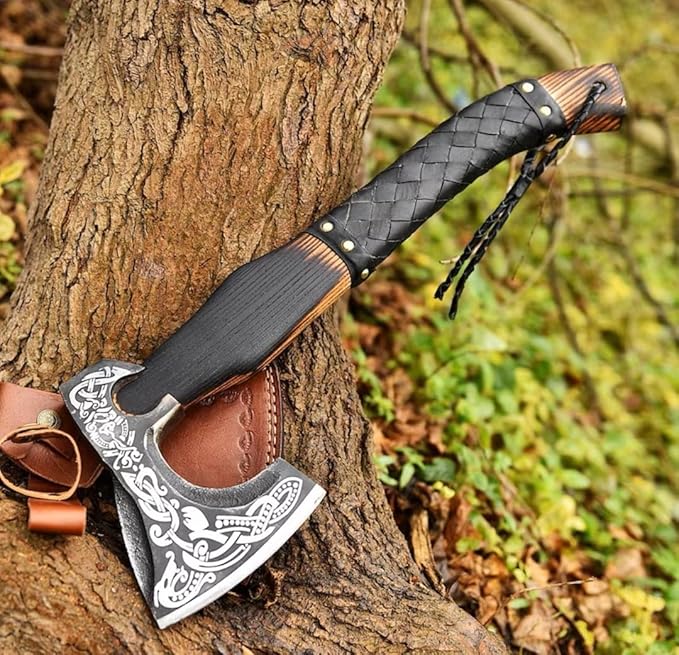 Viking Axe - 20 Inch Long Handle Custom Hand Forged Carbon Steel Combat Axe - Hatchete with Leather Sheath - Bearded Axe for Wood Cutting - Outdoor &amp Camping Axe by Empire Industry