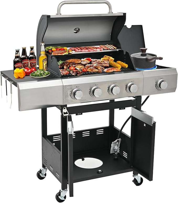 Livavege Outdoor BBQ Grill 4-Burner Propane Gas Grill with Side Burner &amp Cast Iron Grates - Stainless Steel 46700 Btu Barbecue Grills for Patio Cooking Kitchen Backyard Garden (4+1)