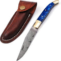 Damascus steel blade Laguiole Folding knife 8.5 Long with 4 hand forged twist pattern Blade. Blue color unshrinkable Raisen scale with brass bolster Cow hide leather sheath