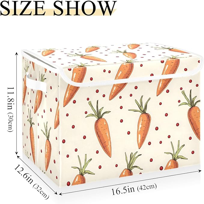 Carrot Cartoon Storage Cube Bins Basket with Lid Collapsible Flip-top Fabric with Handle for Home Bedroom Closet Office 16.5×12.6×11.8 in