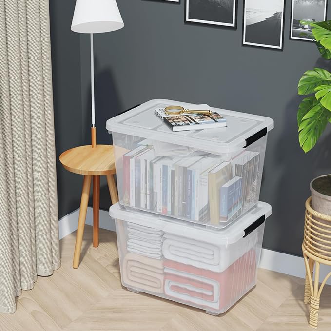 50 Liters Plastic Storage Bins with Latching Lids Stackable Boxes with Wheels 4 Packs Large Storage Container