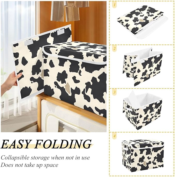 Collapsible Storage Bins with Lids Decorative Fabric Storage Cubes Closet Organizer and Storage Basket Boxes Containers for Clothes Box Chest Nursery Folding Rectangle Beige Black Cow Print