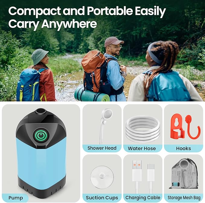 Portable Camping Shower with 7800mAh Battery - 3 Spray Modes IPX7 Waterproof &amp Powerful Suction for Indoor Camping Beach Travel RV Life Pet Bathing Gardening