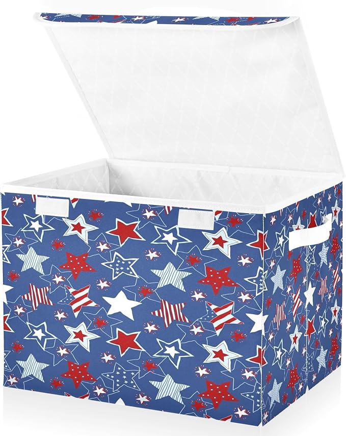 July 4th Patriotic Storage Bins with Lids Large Stars and Stripes Storage Basket with Handles Foldable Fabric Storage Box Organizer for Clothes Closet Cabinet Home Office Bedroom