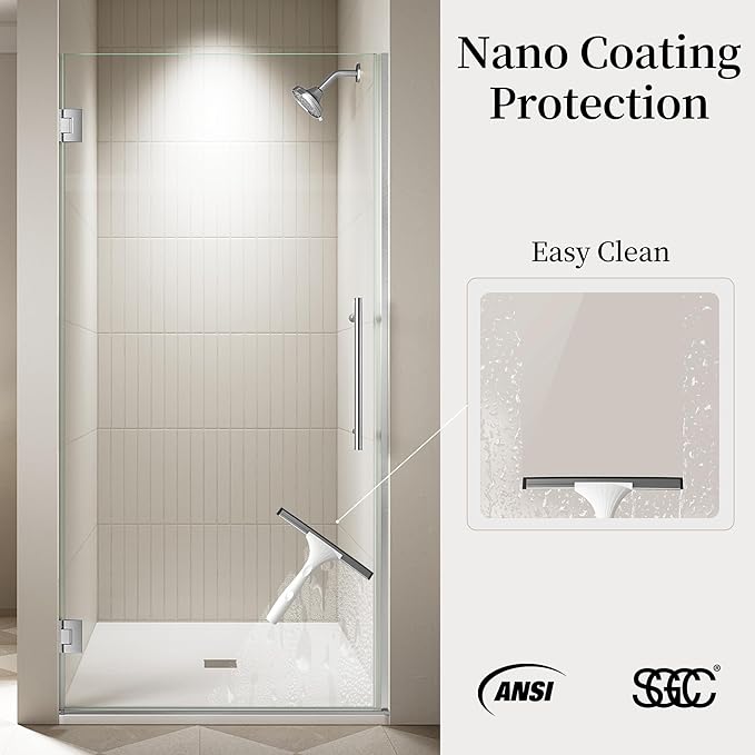 33.6-33.8 x 72 Frameless Hinged Shower Door Single Swing Shower Panel with 5/16” (8mm) Tempered Glass 180° in &amp Out Opening 5mm Adjustable for Non-Vertical Walls (Brushed Nickel 33.8 x 72)