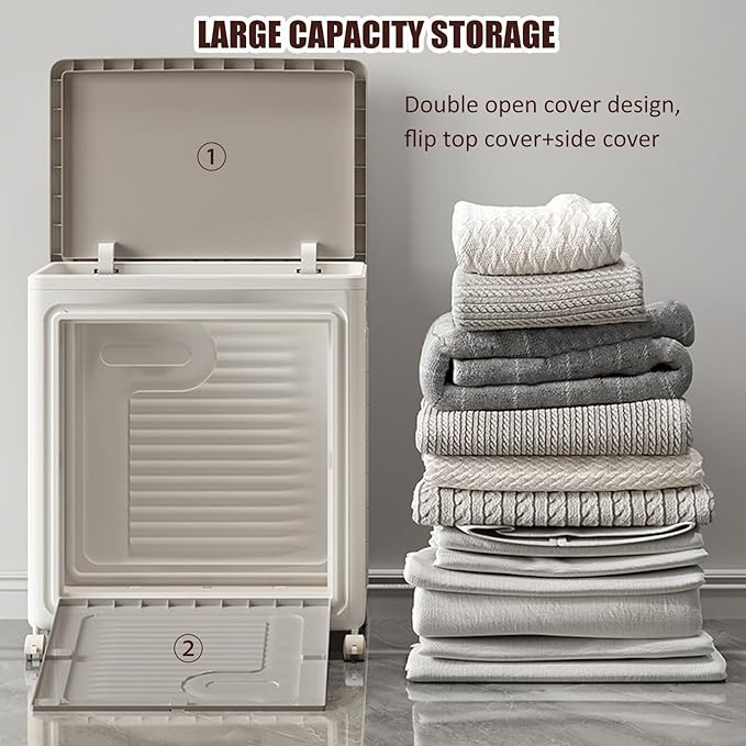 Folding Large Storage Box With Flip Lid And Wheels Home Closet Organiser Plastic Storage Bin Clothes Blanket Storage Cabinet 80/120L ﻿(58x25x68cm)
