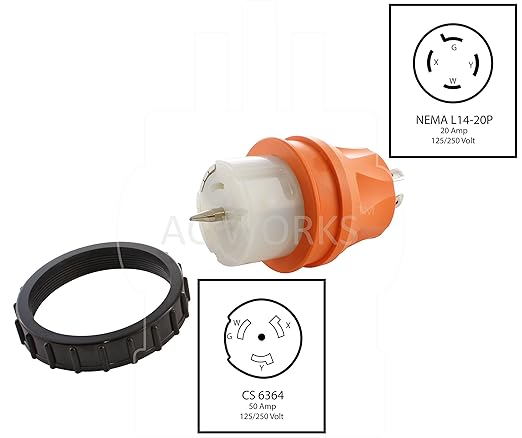 AC WORKS Generator to Transfer Switch 50Amp Inlet Box Adapter (L14-20 20Amp 4-Prong to CS6364 Compact)