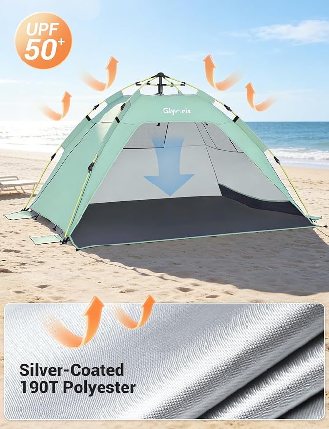Glymnis Pop Up Beach Tent Sun Shade Shelter for 3-4 Person with UPF 50+ Lightweight &amp Easy Setup Vent Windows &amp Zippered Door Extended Floor Family Instant Beach Tent