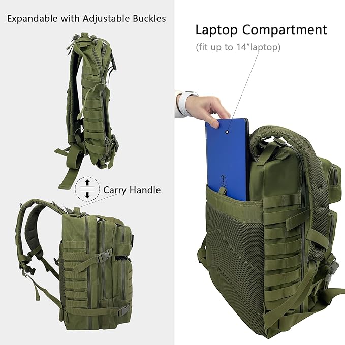 WOLT Military Tactical Backpack for Men 45L Molle Backpack 3 Day Assault Pack Bug Out Bag Heavy Duty Rucksack for Hiking Gym(Army Green)