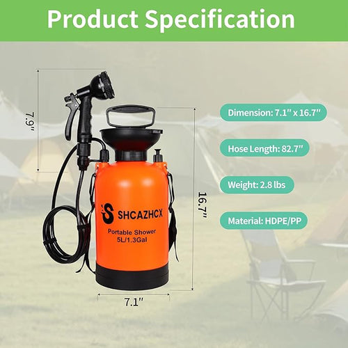 1.3 Gallon/5L Portable Outdoor Shower 10 Spray Modes No Power Needed Insulated Sleeve Keeps Water Warm Multi-Use Sprayer for Camping Beach &amp Surfing Fishing Hiking Road Trips Orange