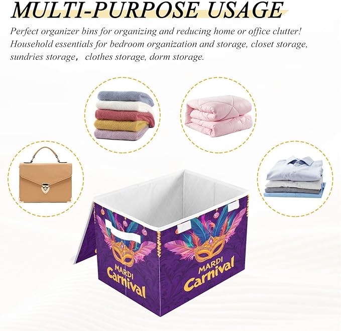 Storage Baskets with Lids Mardi Gras Carnival Mask Collapsible Bins Stackable Fabric Linen Baskets Closet Organizer Container 16.5x12.6x11.8