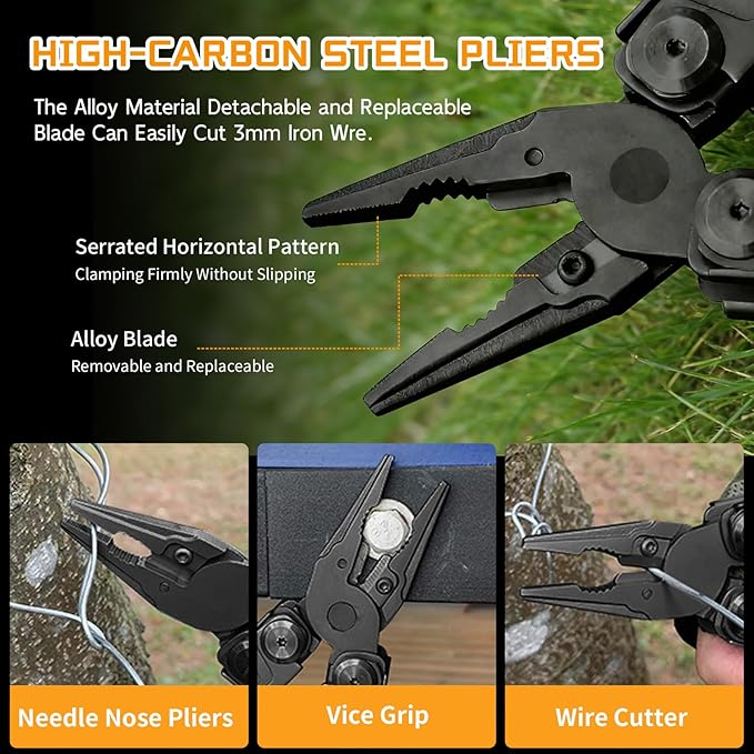 28-in-1 Multitool Pliers with ScissorsSaw ScrewdriversRope CuttersCan OpenerFileCarrying PouchStainless Steel Pocket Multi-Tool Ideal for Camping Survival Toolkit and Gift for him (Black)