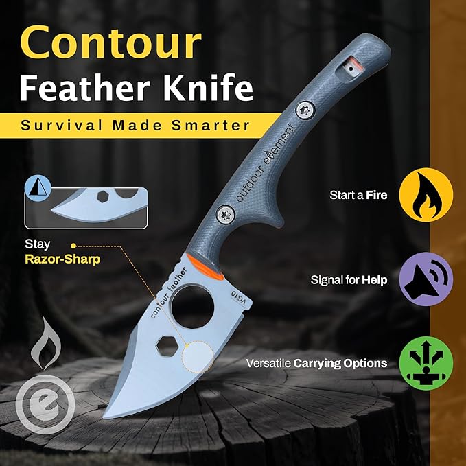 OUTDOOR ELEMENT Contour Feather Survival and Culinary Knives – VG10 Steel Fixed Blade with Fire Starter Hex Driver Knife Sharpener Sheath &amp Built in Whistle - Built For Camping &amp Outdoor Ad