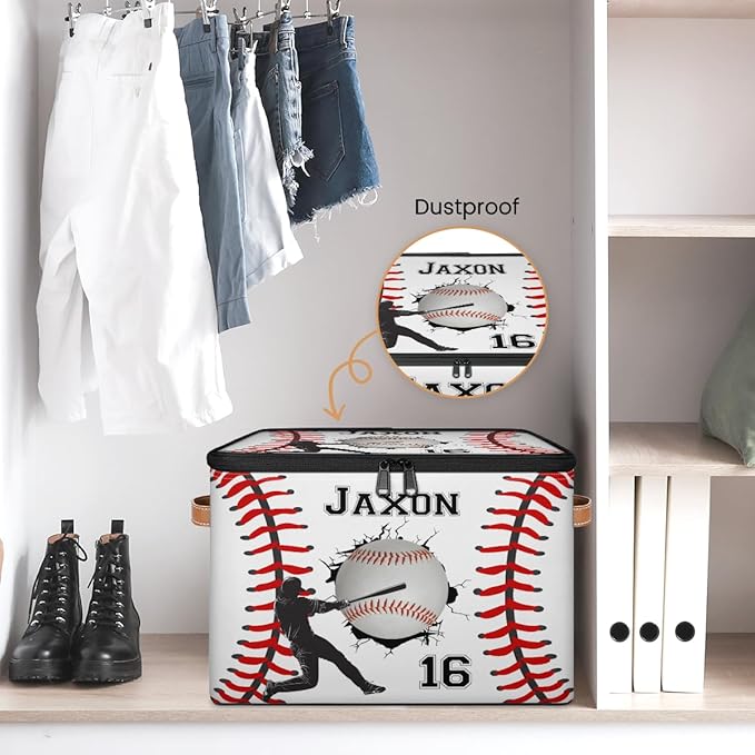 Custom Baseball Ball Storage Bins with Lid Foldable Personalized Storage Basket Boxes with Handle Baseball Shelf Basket Closet Organizer Cube