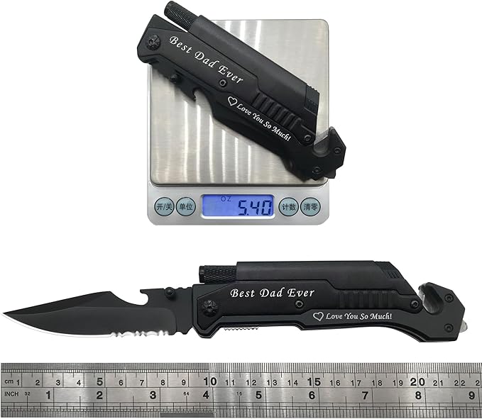 Mothers Day Fathers Day Gift - Personalized Custom Engraving Gifts for Him Her 6-in-1 Multifunctional Folding Pocket Knives with LED Light Seatbelt Cutter Glass Breaker Magnesium Fire Starter Bot