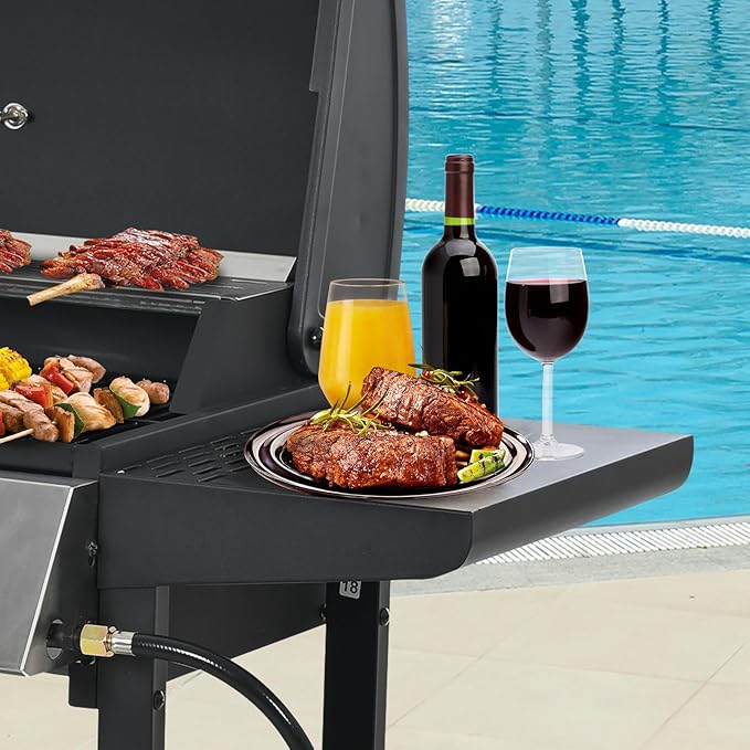 Patio Propane Gas Grill Stainless Steel 4-Burner BBQ Grill with Top Cover Lid Spacious Cooking Area and 2 Side Shelves for Outdoor Patio Garden Picnic Backyard Black