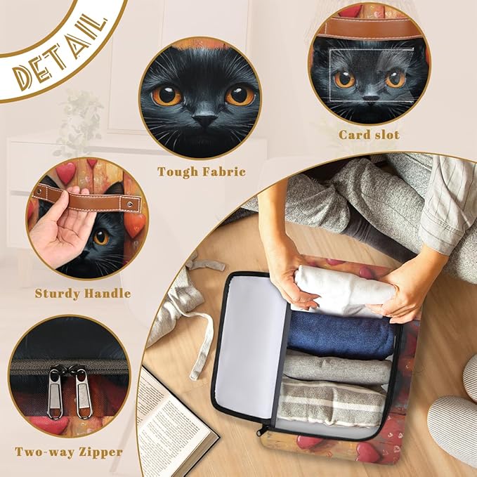 Black Cat Storage Bins with Zipper Lid Hearts Valentine's Fabric Lidded Storage Baskets Cubes with Handles Decorative Foldable Shelf Closet Organizer Container