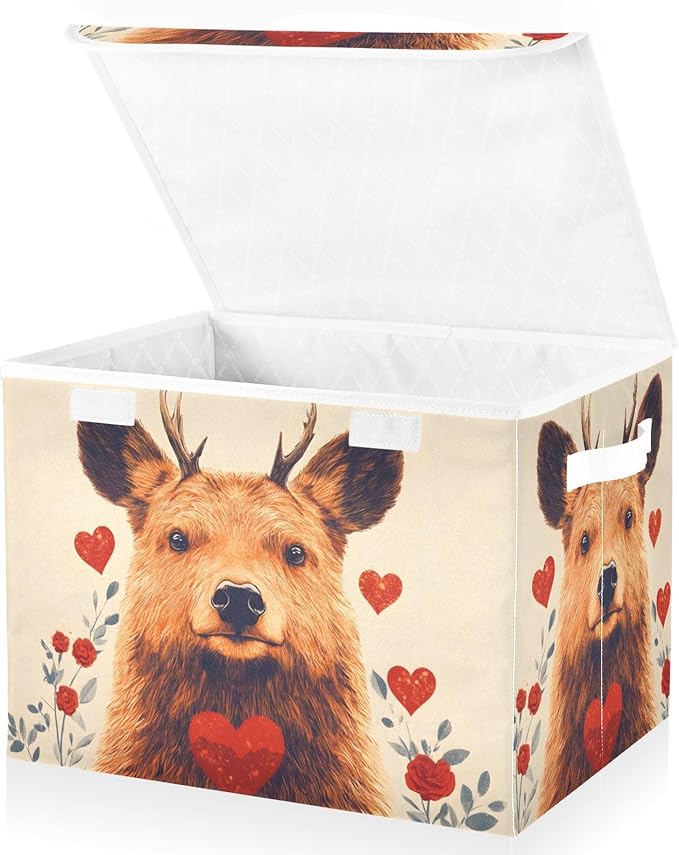 AIXIWAWA Lidded Storage Cube (Cute Deer Heart) Fabric Foldable Closet Bins with Flip Lid and Handles Organizer Basket Container 16.5 x 12.6 x 11.8 IN