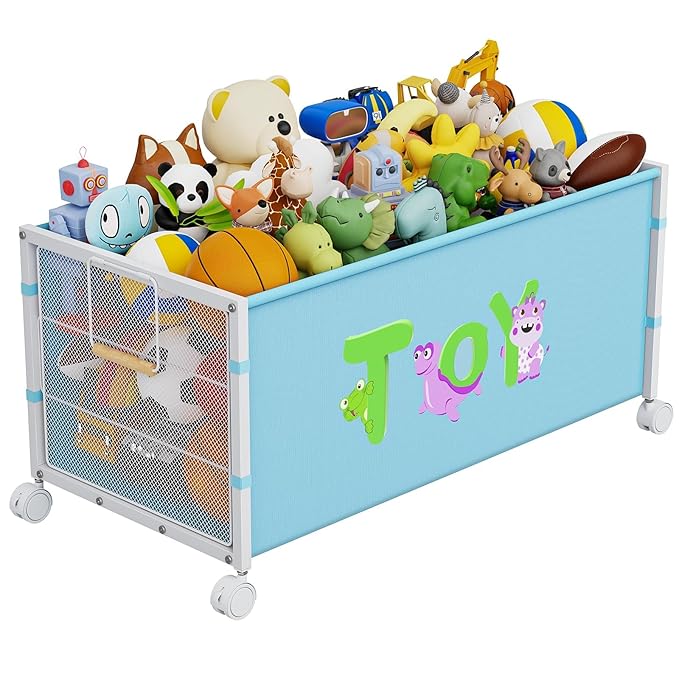 Large Toy Box with Wheels 120L Toy Boxes for Extra Large Metal &amp Oxford Cloth Toy Chest Toy Organizer with Wooden Handle for Bedroom Living Room Area Stuffed Toys Clothes(Blue 1PC)