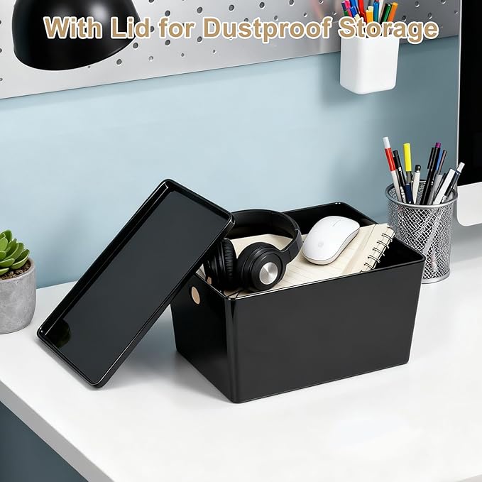 Soddeph 4 Pack Thick Plastic Storage Box with Lid Durable Stackable Storage Bins Hard Plastic Organizer Baskets for Home Office Small Storage Containers 10.1 x 7 x 5.8 (Black with Lid)