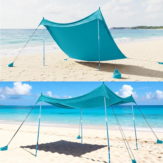 CROWN SHADES 10x10 Beach Tent Sun Shelter Easy Pop Up Beach Canopy Shade Portable Outdoor Carpas UPF50+ Includes 4 Poles Adjustable Aluminium Extra-Large Big Sand Shovel Turquoise