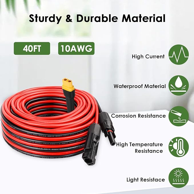 MOOKEERF Solar to XT60 Extension Cable 10AWG 40FT Solar Connector to XT60 Adapter Cable for Solar Panel to Portable Power Station Solar Generator Battery Pack