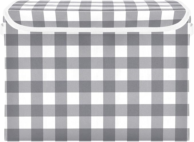 Collapsible Storage Bins with Lids Decorative Fabric Storage Cubes Closet Organizer and Storage Basket Boxes Containers for Clothes Box Chest Nursery Folding Rectangle Black Grey Checkered