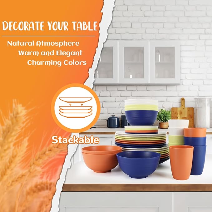 Wheat Straw Dinnerware Sets 40 PCS - Dishes Set for 8 Unbreakable Plates and Bowls Sets with Cups Dishwasher &amp Microwave Safe Lightweight Dinnerware for Kitchen Camping RV - Mondrian Colors