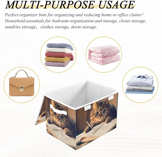 AIXIWAWA Lidded Storage Cube (Cat Reading) Fabric Foldable Closet Bins with Flip Lid and Handles Organizer Basket Container 16.5 x 12.6 x 11.8 IN