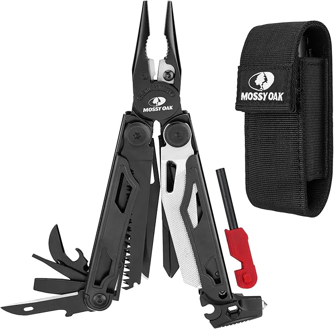 MOSSY OAK Multitool 19-in-1 Stainless Steel Multi Tool Pliers Survival Tools with Fire Starter Window Breaker Whistler Self-locking EDC Gear with Sheath for Outdoor Survival Camping Hiking