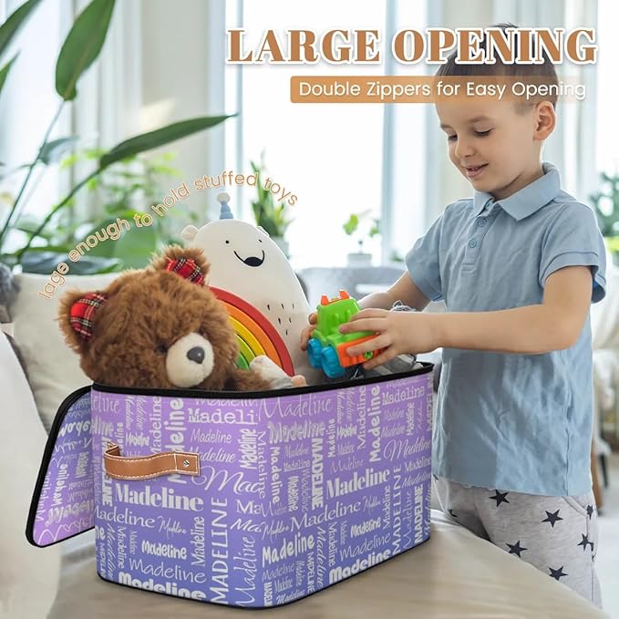 Custom Storage Basket with Name Personalized Keepsake Box with Zipper Lid Foldable Fabric Memory Bin Large capacity with Handle Purple