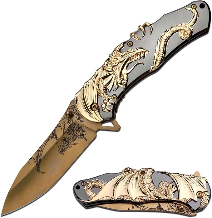 Masters Collection -Spring Assisted Open Folding Knife - Gold TiNite Coated Stainless Steel Blade w/Etched Dragon Gold and Black 2-Tone Zinc Alloy Handle w/Sculpted Dragon - MC-A045